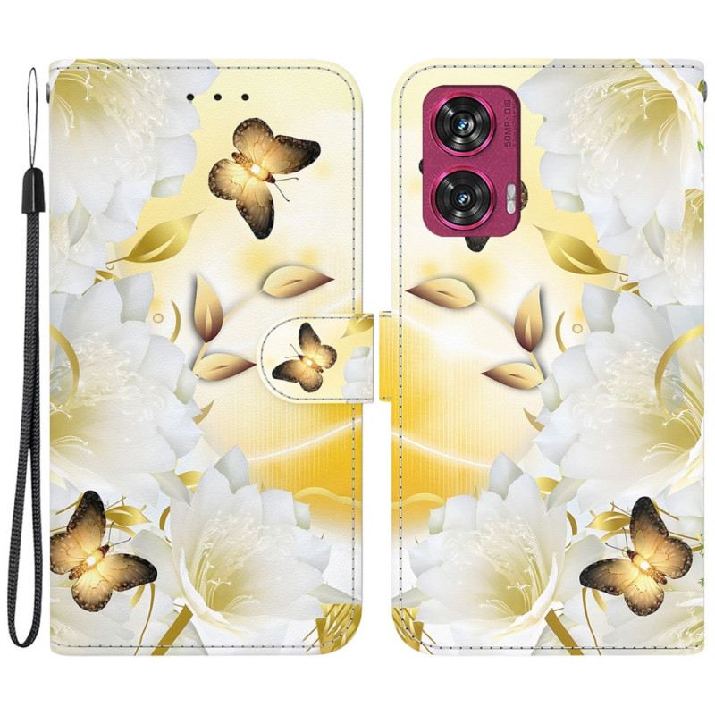 Lederhüllen Für Motorola Edge 50 Fusion Goldene Schmetterlinge Und Weiße Blumen Mit Riemen