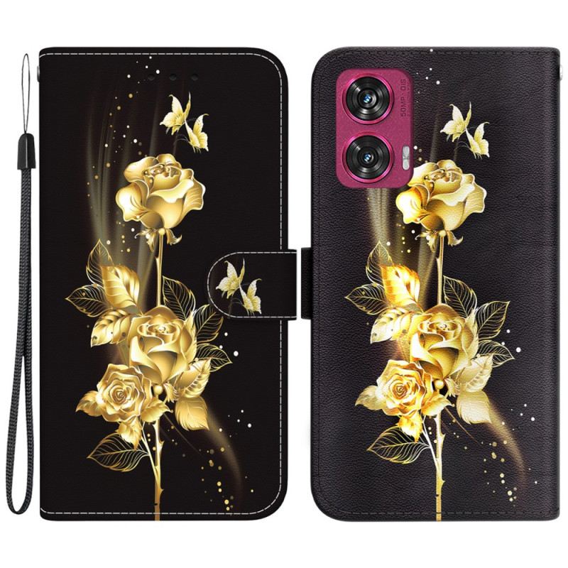 Lederhüllen Motorola Edge 50 Fusion Goldene Und Rosa Schmetterlinge Mit Riemen