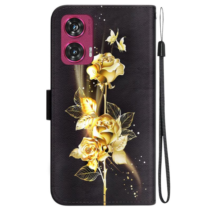 Lederhüllen Motorola Edge 50 Fusion Goldene Und Rosa Schmetterlinge Mit Riemen