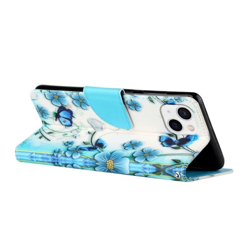 Lederhüllen Für iPhone 13 Blaue Blumen Und Schmetterlinge