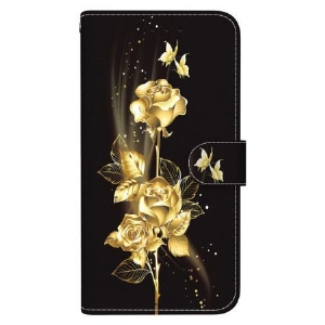 Lederhüllen Oppo Reno 12f 5g Goldene Und Rosa Schmetterlinge Mit Riemen