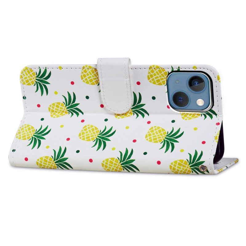 Flip Case Für iPhone 15 Plus Mit Kordel Ananas Mit Riemen