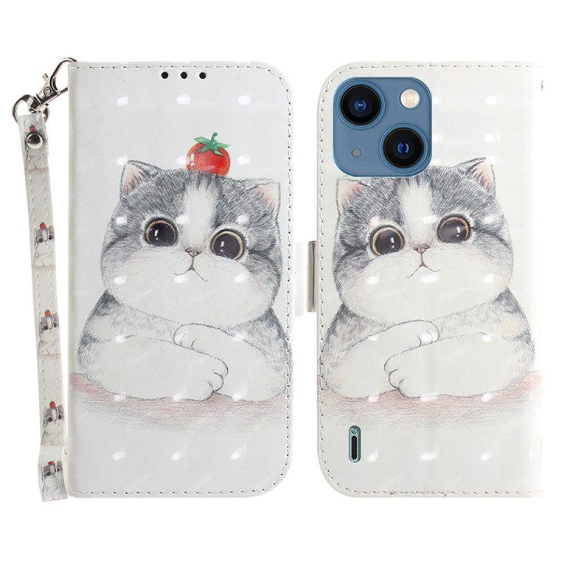 Flip Case Für iPhone 15 Plus Mit Kordel Grafische Katze Mit Schlüsselband