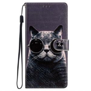 Flip Case Für iPhone 15 Plus Mit Kordel Katze Mit Bügelbrille