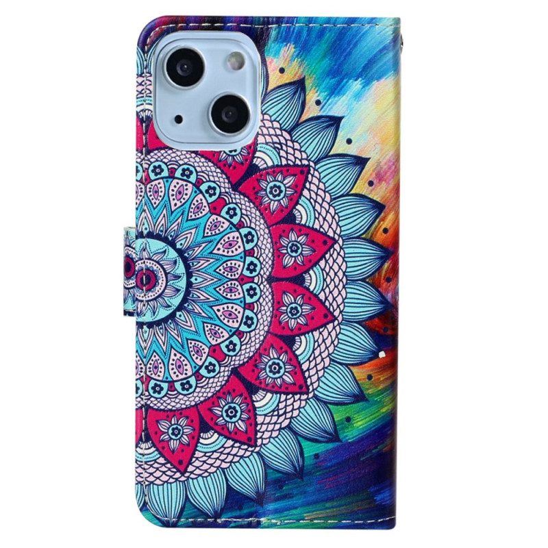 Lederhüllen Für iPhone 15 Plus Mit Kordel Buntes Mandala Mit Riemen