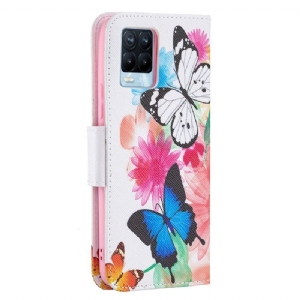 Flip Case Für Realme 8 / 8 Pro Schmetterlinge Und Bunte Blumen