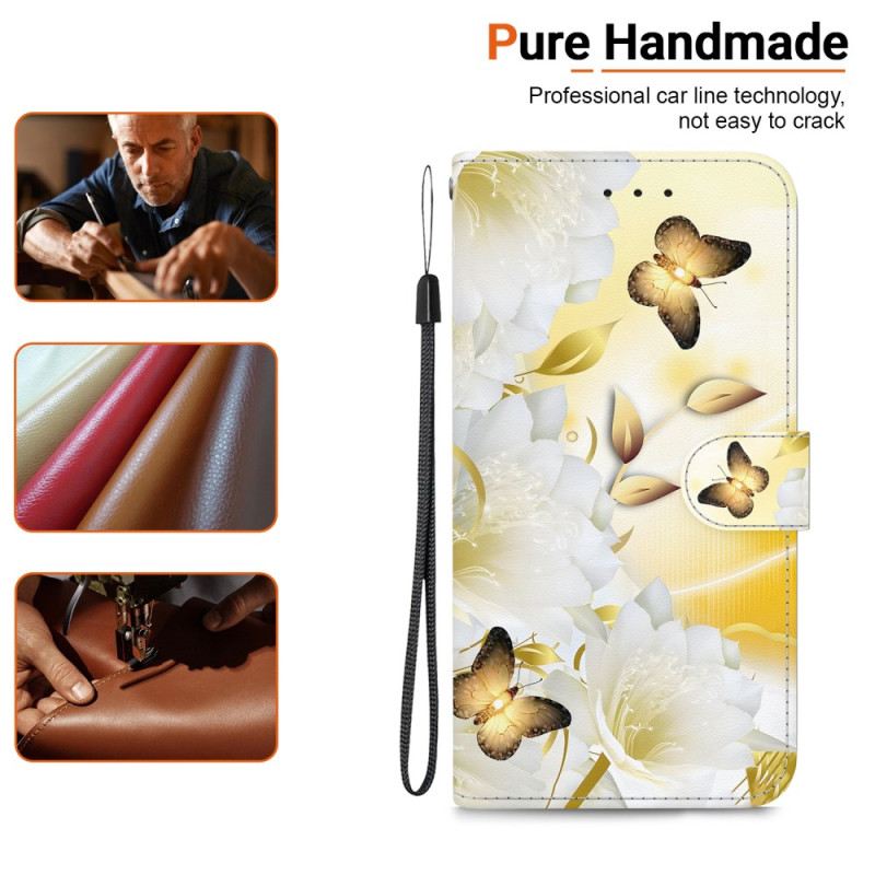 Lederhüllen Motorola Edge 50 Ultra Handyhülle Goldene Schmetterlinge Und Weiße Blumen Mit Riemen