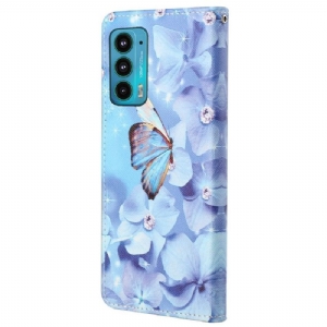 Lederhüllen Für Motorola Edge 20 Schmetterling Und Blaue Blumen