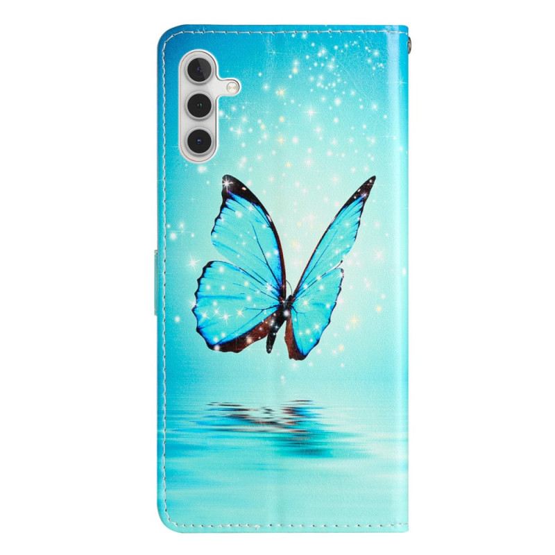 Lederhüllen Für Samsung Galaxy A15 5g Blauer Schmetterling Mit Riemen