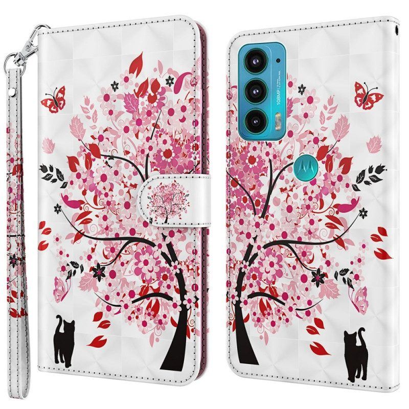 Flip Case Für Moto E40 / E30 / E20 Rosa Baum Und Schwarze Katze