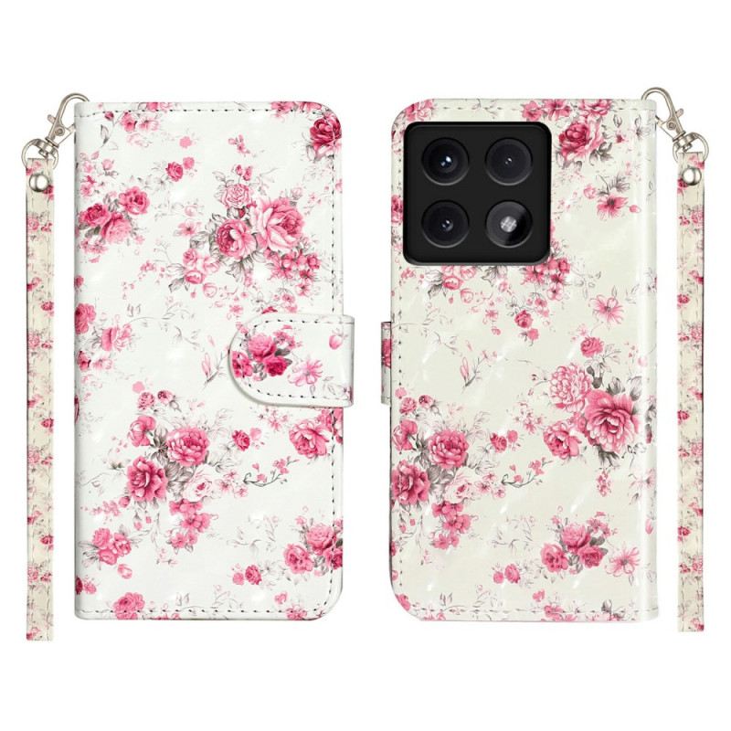 Lederhüllen Für Xiaomi 14t Rosa Blumen Mit Riemen