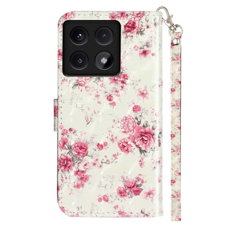 Lederhüllen Für Xiaomi 14t Rosa Blumen Mit Riemen