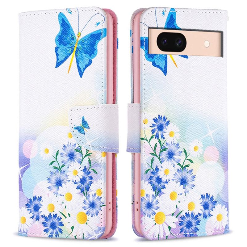 Lederhüllen Für Google Pixel 8a Schmetterlinge Und Blumen Aquarell