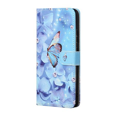 Lederhüllen Google Pixel 8a Handyhülle Blaue Blumen Und Schmetterlinge Mit Riemen