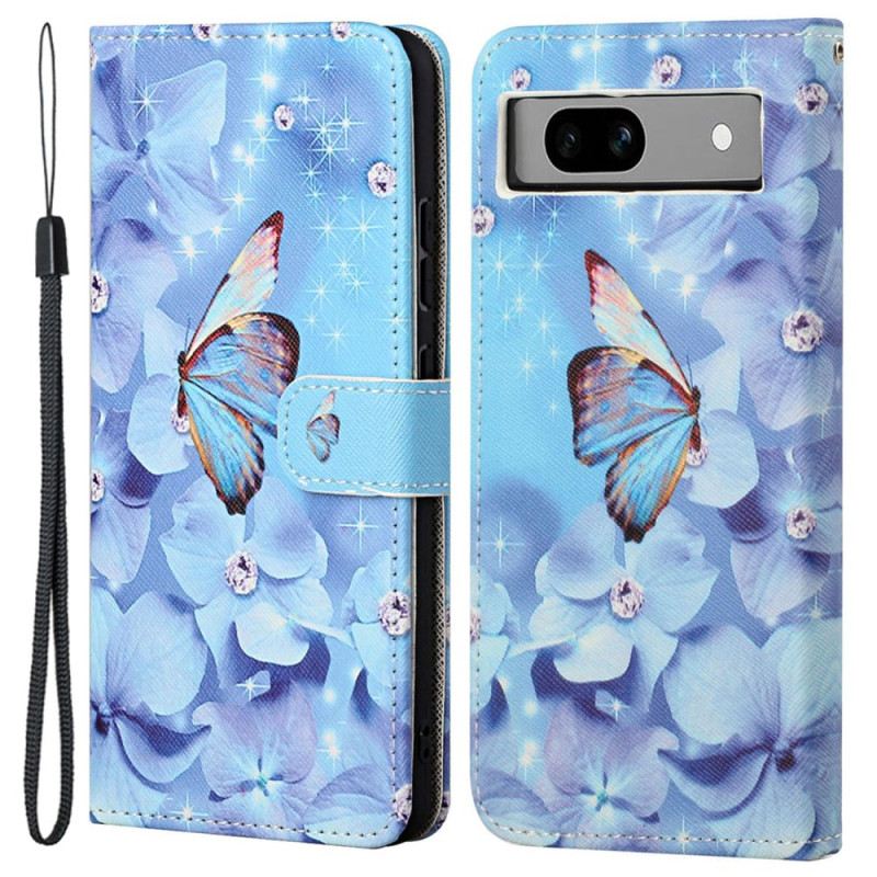 Lederhüllen Google Pixel 8a Handyhülle Blaue Blumen Und Schmetterlinge Mit Riemen