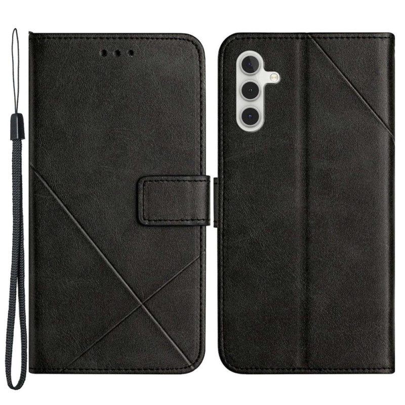 Flip Case Für Samsung Galaxy A14 / A14 5G Mit Kordel Geometrischer Lederstil Mit Riemchen