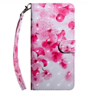 Flip Case Für Samsung Galaxy A14 / A14 5G Mit Kordel Riemchenrosa Blumen