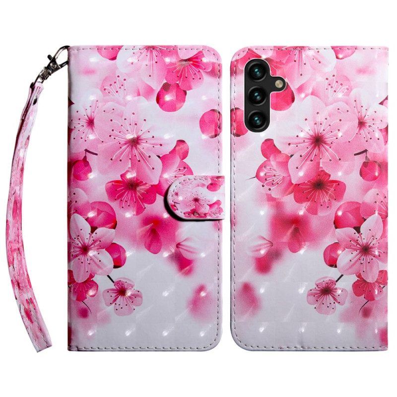 Flip Case Für Samsung Galaxy A14 / A14 5G Mit Kordel Riemchenrosa Blumen