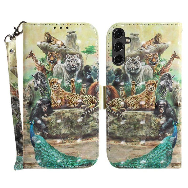 Flip Case Für Samsung Galaxy A14 / A14 5G Mit Kordel Tanga-safari-tiere