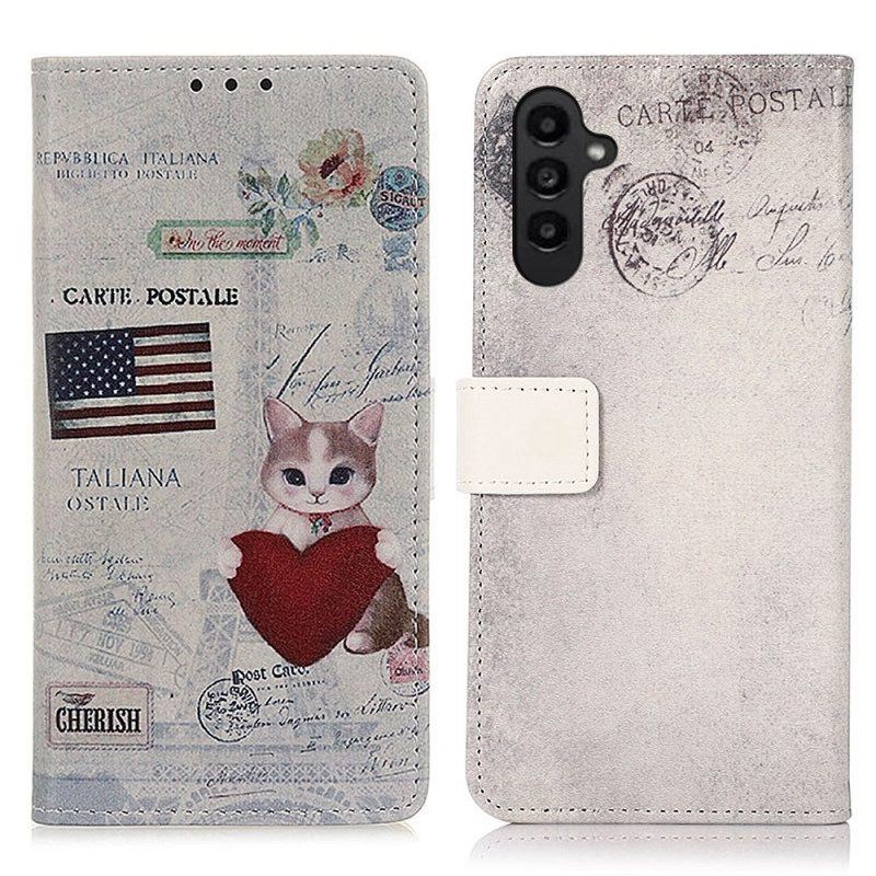 Flip Case Für Samsung Galaxy A14 / A14 5G Reisende Katze