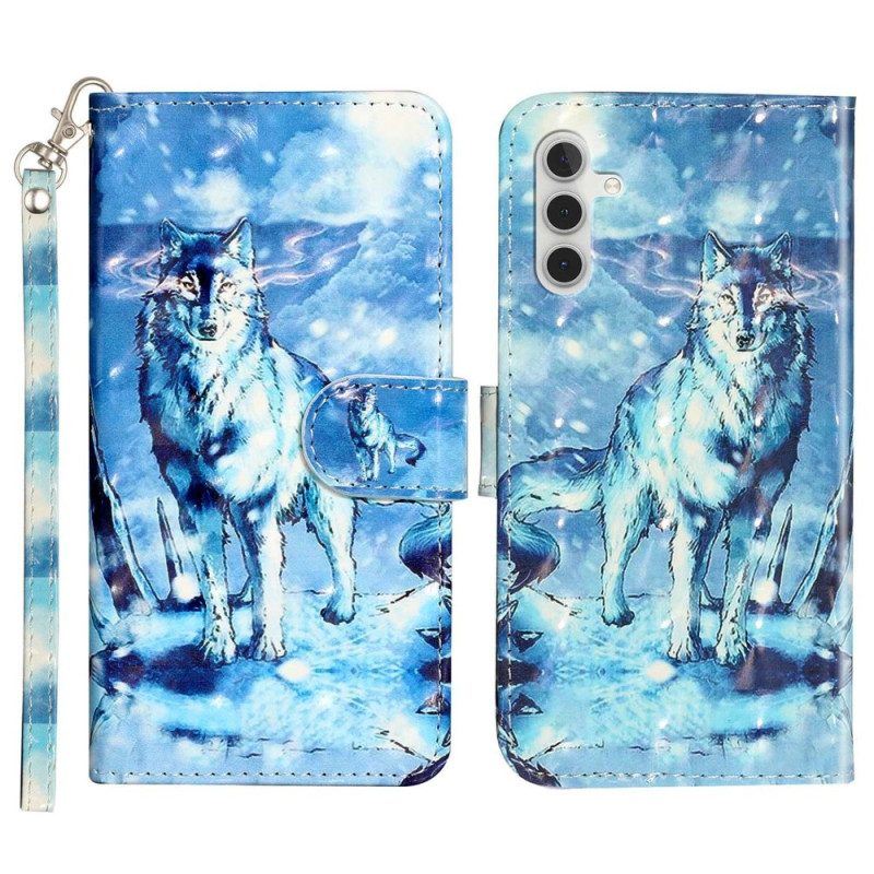 Flip Case Für Samsung Galaxy A14 / A14 5G Wolf Mit Schlüsselband