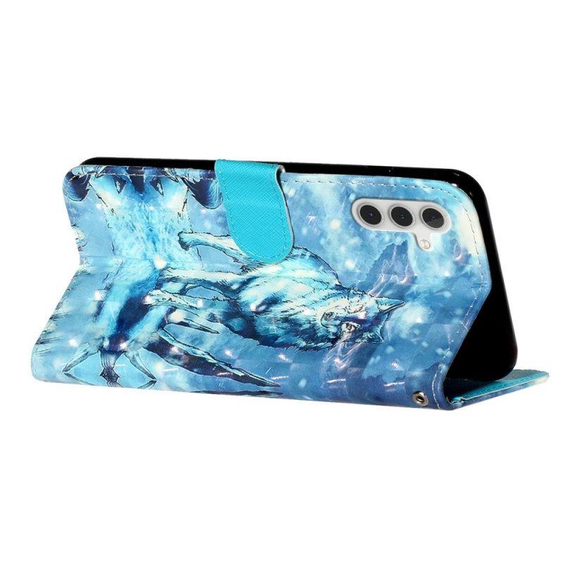 Flip Case Für Samsung Galaxy A14 / A14 5G Wolf Mit Schlüsselband