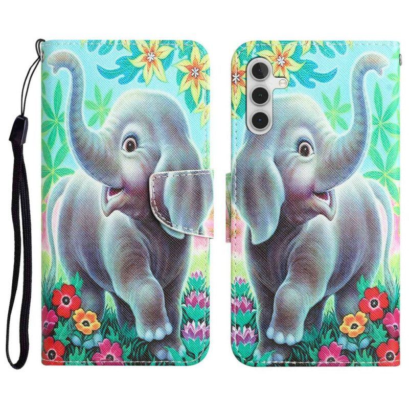 Lederhüllen Für Samsung Galaxy A14 / A14 5G Mit Kordel Fröhlicher Elefant Mit Schlüsselband