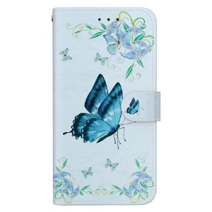 Lederhüllen Für Samsung Galaxy S24 Ultra 5g Blauer Schmetterling Und Blume Mit Riemen