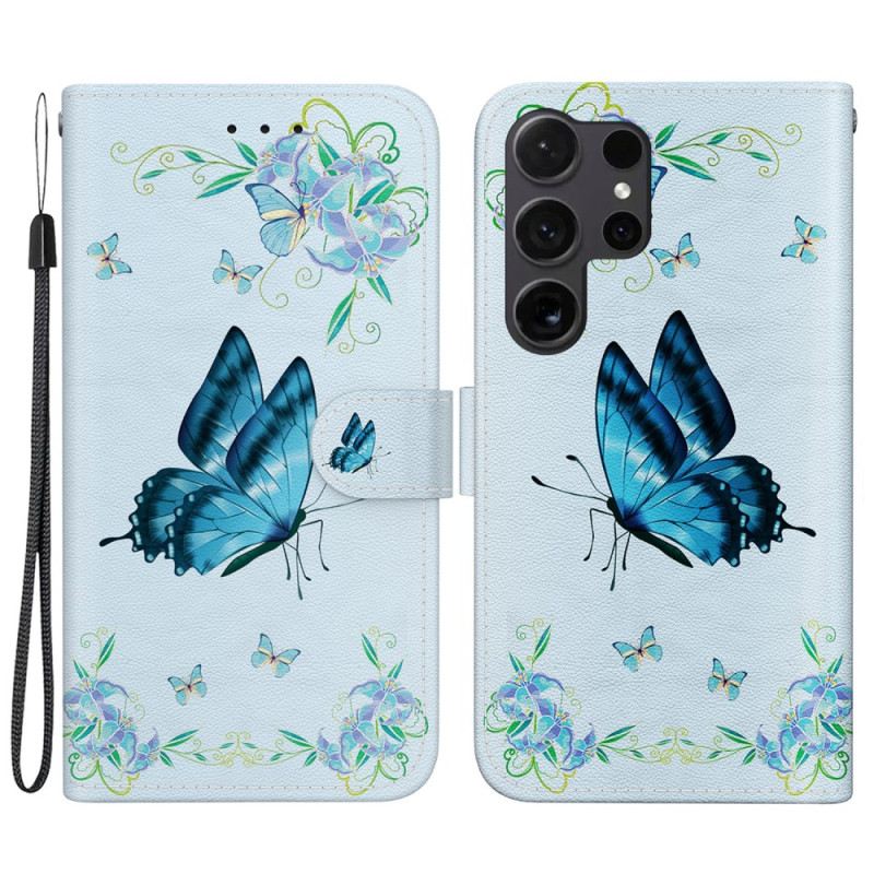 Lederhüllen Für Samsung Galaxy S24 Ultra 5g Blauer Schmetterling Und Blume Mit Riemen