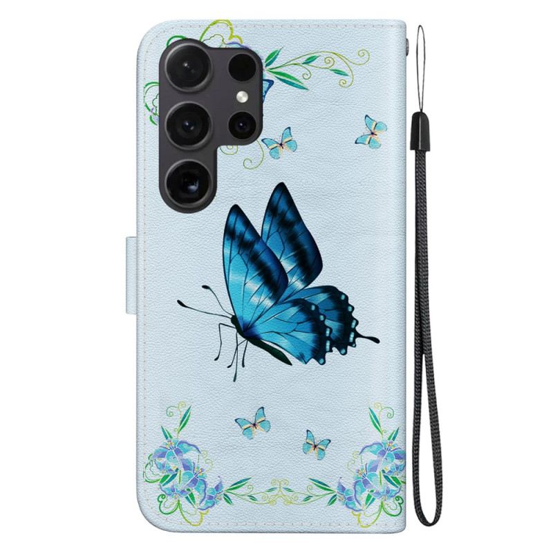 Lederhüllen Für Samsung Galaxy S24 Ultra 5g Blauer Schmetterling Und Blume Mit Riemen