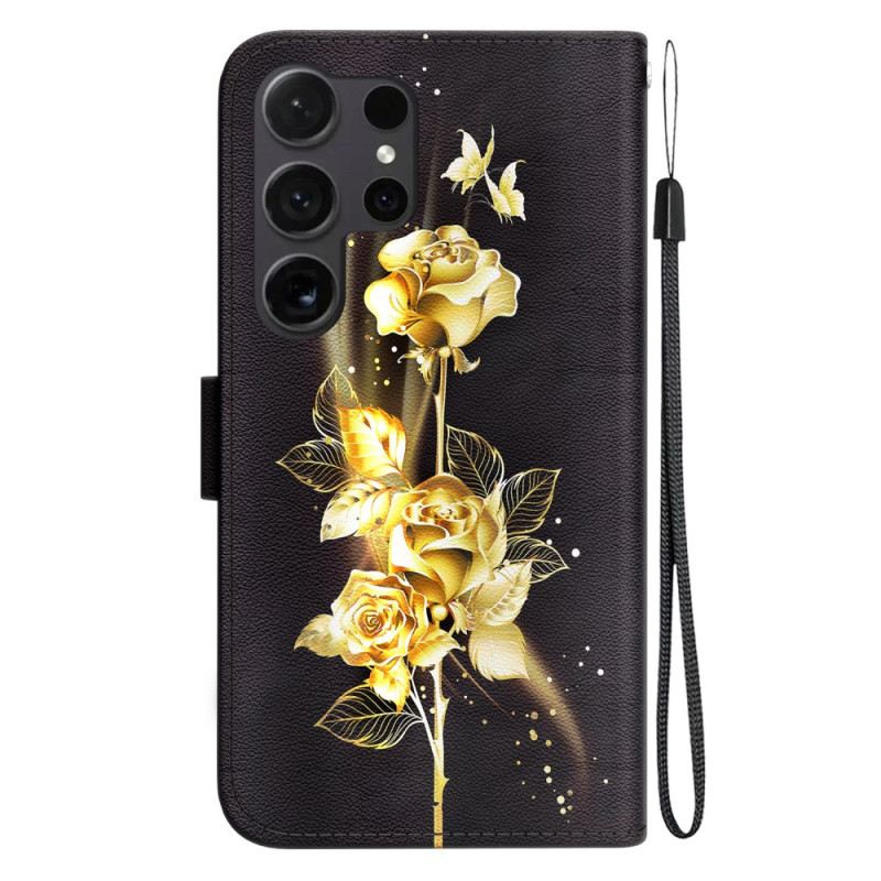 Lederhüllen Für Samsung Galaxy S24 Ultra 5g Goldschmetterling Und Rose Mit Riemen