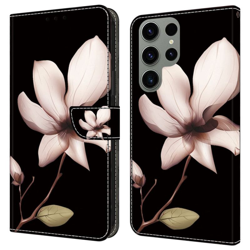 Lederhüllen Für Samsung Galaxy S24 Ultra 5g Rosa Blume Auf Schwarzem Hintergrund