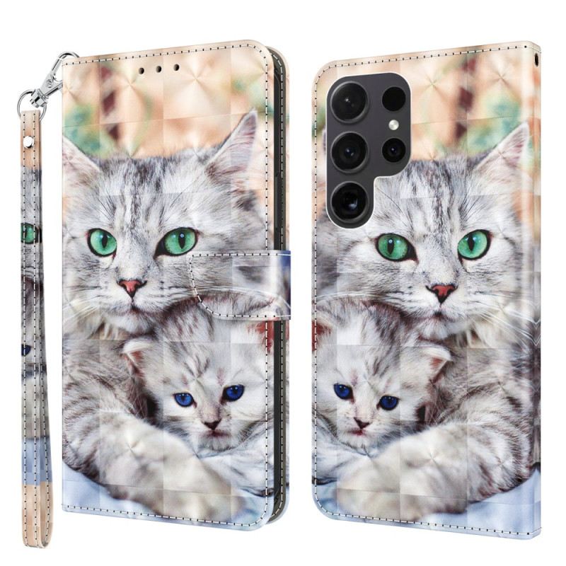 Lederhüllen Für Samsung Galaxy S24 Ultra 5g Zwei Katzen Mit Riemen