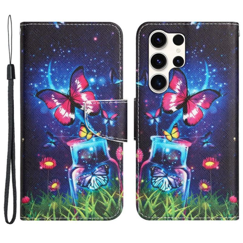 Lederhüllen Samsung Galaxy S24 Ultra 5g Flasche Und Schmetterling Mit Riemen