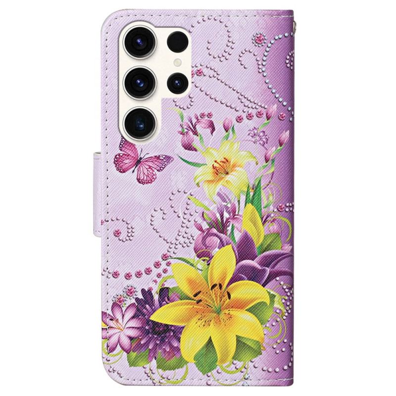 Lederhüllen Samsung Galaxy S24 Ultra 5g Gelbe Blumen Und Schmetterlinge Mit Riemen