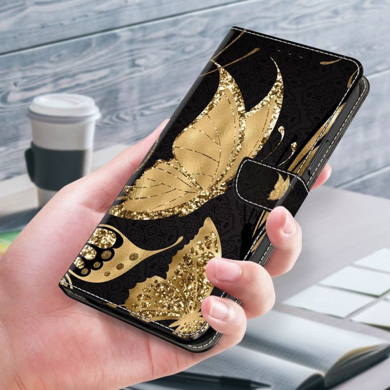 Lederhüllen Samsung Galaxy S24 Ultra 5g Goldener Schmetterling Auf Schwarzem Hintergrund