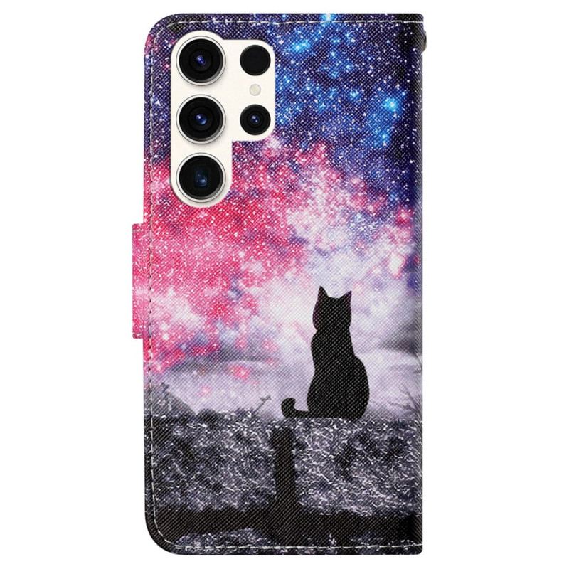 Lederhüllen Samsung Galaxy S24 Ultra 5g Handyhülle Sternenhimmel Und Schlüsselband Katze