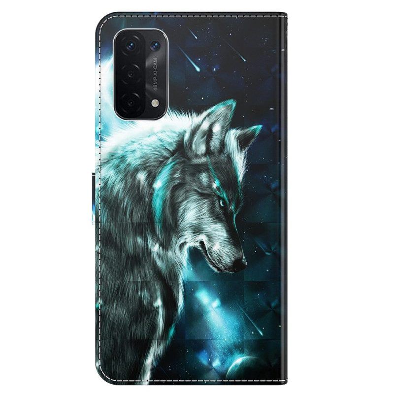 Flip Case Für Oppo A54 5G / A74 5G Mit Kordel Schlüsselband Wolf