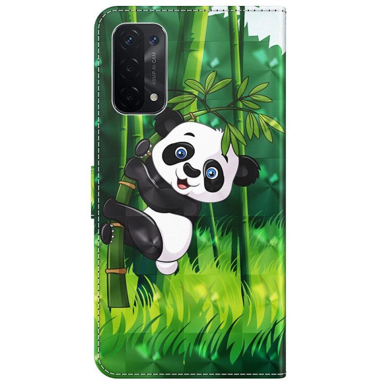 Lederhüllen Für Oppo A54 5G / A74 5G Mit Kordel Panda Und Bambus Mit Schlüsselband