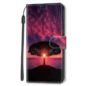 Lederhüllen Für Samsung Galaxy S24 Plus 5g Schwarzer Baum Bei Sonnenuntergang Mit Riemen