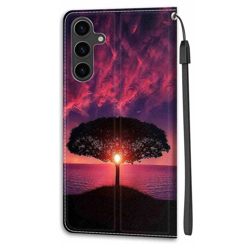 Lederhüllen Für Samsung Galaxy S24 Plus 5g Schwarzer Baum Bei Sonnenuntergang Mit Riemen