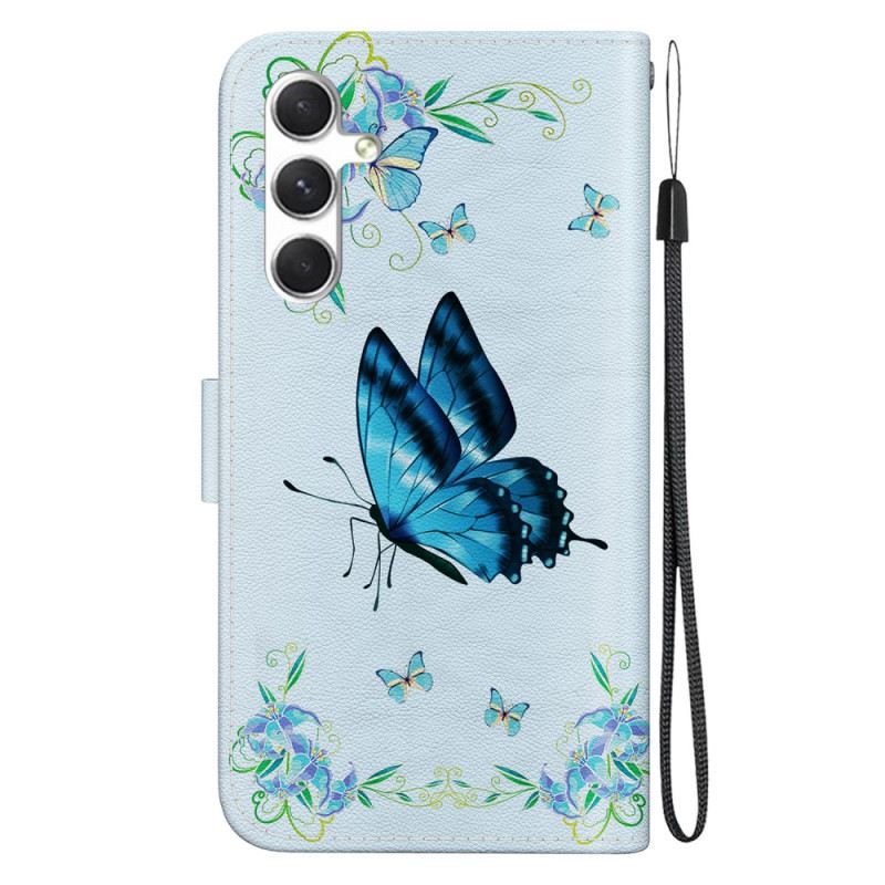 Lederhüllen Samsung Galaxy S24 Plus 5g Blauer Schmetterling Und Blume Mit Riemen