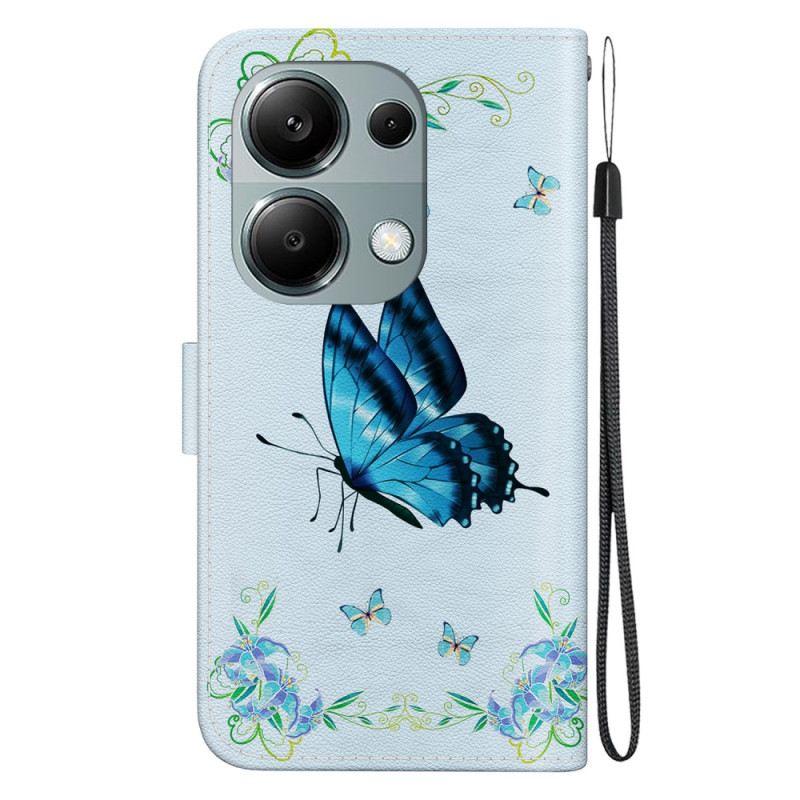 Lederhüllen Xiaomi Redmi Note 13 Pro 4g Blauer Schmetterling Und Blumen Mit Riemen