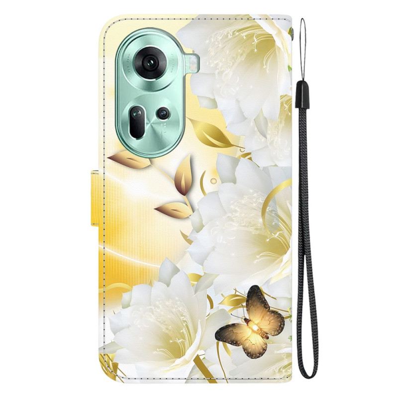 Lederhüllen Oppo Reno 11 5g Handyhülle Goldene Schmetterlinge Und Blumen Mit Riemen