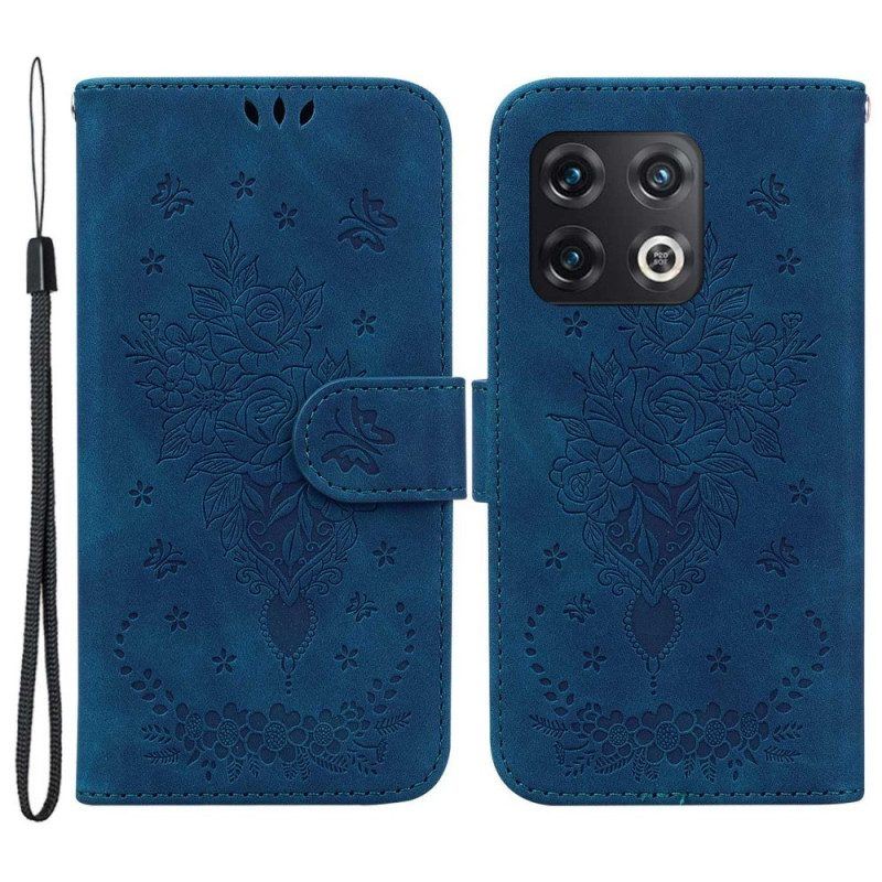 Flip Case Für OnePlus 10 Pro 5G Mit Kordel Riemchenrosen Und Schmetterlinge