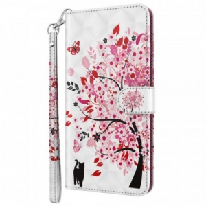 Flip Case Für OnePlus Nord 2 5G Rosa Baum Und Schwarze Katze