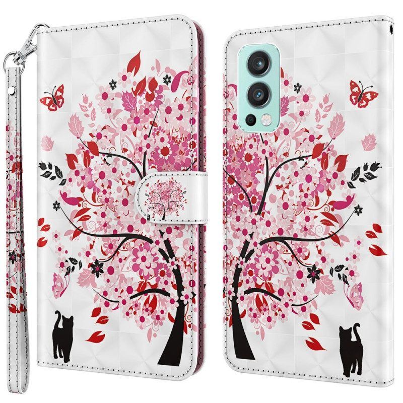 Flip Case Für OnePlus Nord 2 5G Rosa Baum Und Schwarze Katze