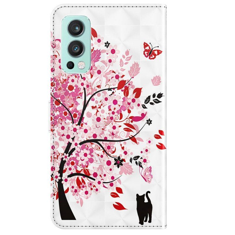 Flip Case Für OnePlus Nord 2 5G Rosa Baum Und Schwarze Katze