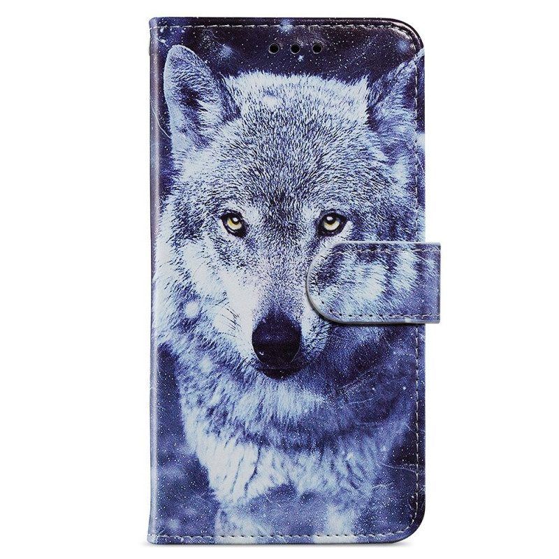 Flip Case Für Samsung Galaxy A13 Hervorragender Wolf Mit Schlüsselband