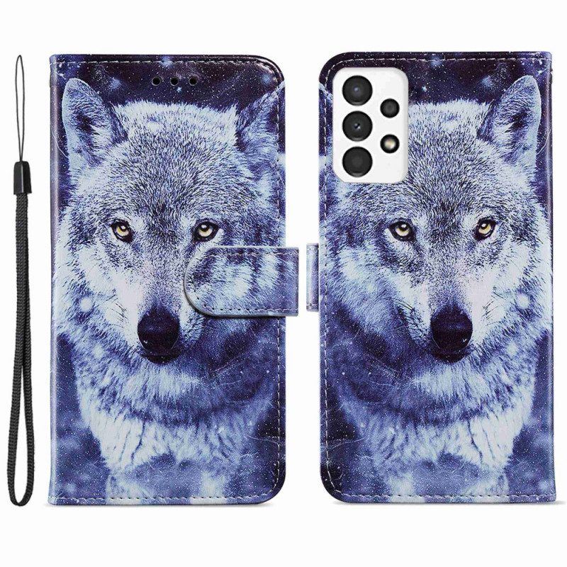 Flip Case Für Samsung Galaxy A13 Hervorragender Wolf Mit Schlüsselband